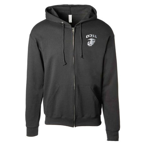 USMC Personalized MOS Embroidered Full Zip Hoodie - Black with Gray - SGT GRIT