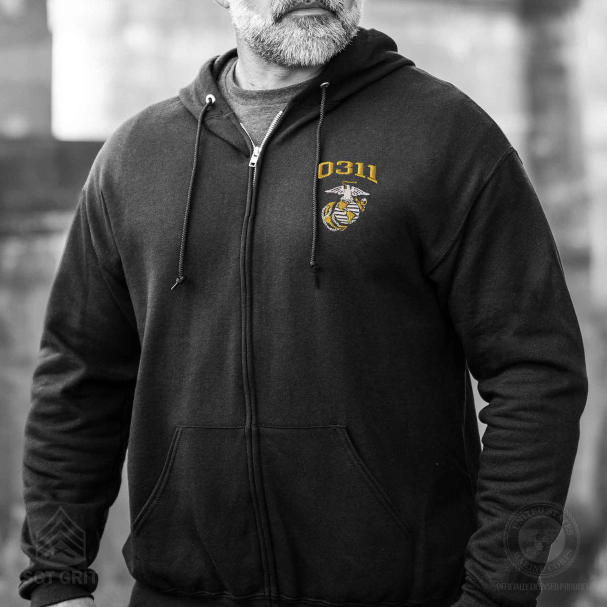 USMC Personalized MOS Embroidered Full Zip Hoodie - Black - SGT GRIT