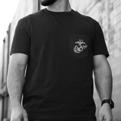 USMC Devil Dog Back With Front Pocket T-shirt, Gray EGA - SGT GRIT