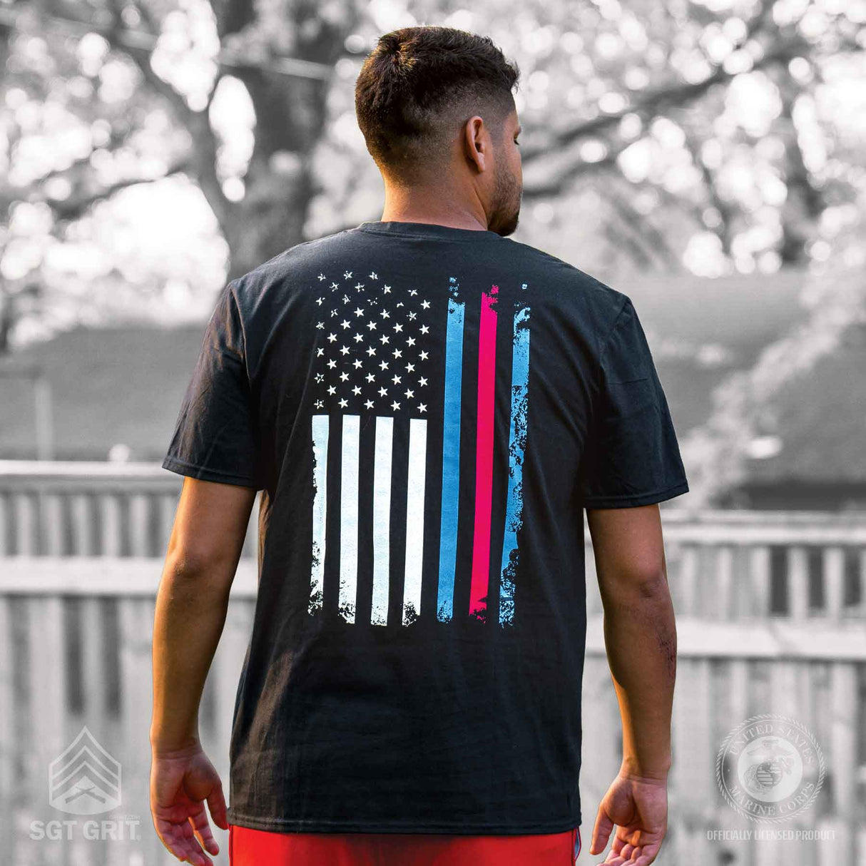 Marine Corps Blood Stripe Flag Black T-shirt - SGT GRIT